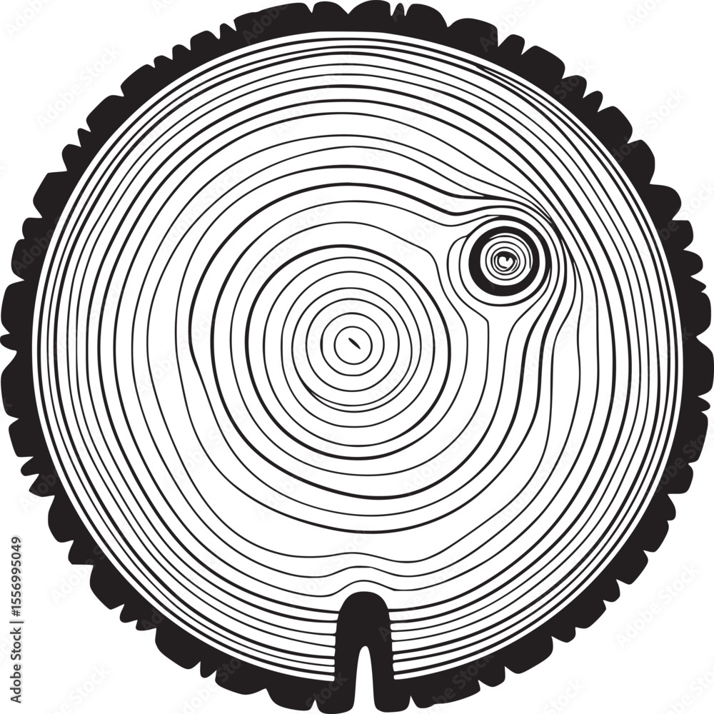 Fototapeta premium A detailed monochrome illustration of a tree trunk cross section with visible growth rings pattern