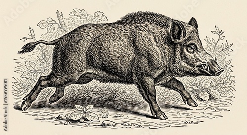 Classic Engraving of Feral Pig Galloping Through Woods