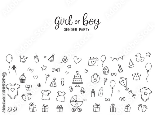 He or she. Boy or girl. Doodle icons with baby accessories and text on background. Vector 