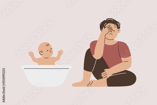 Tired Father with Baby Bathing Illustration