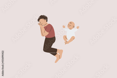Tired Father with Sleepless Baby Illustration