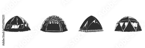 Camping Tent Silhouette Set. Outdoor Adventure And Shelter Concepts Isolated Vector Illustration Collection