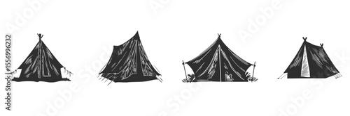 Camping Tent Silhouette Set. Outdoor Adventure And Shelter Concepts Isolated Vector Illustration Collection