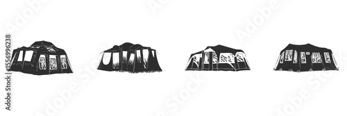 Camping Tents Silhouette Set. Outdoor Adventure And Shelter Concepts Isolated Vector Illustration Collection