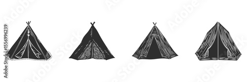 Camping Tent Silhouette Set. Outdoor Adventure And Shelter Concepts Isolated Vector Illustration Collection