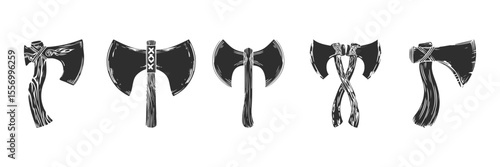 Viking And Medieval Axes Silhouette Set. Historical Weaponry And Design Elements Isolated Vector Illustration Collection