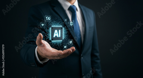 Man in Dark Suit Presenting Glowing Ai Concept with Futuristic Technology Data and Innovative Network on His Open Palm for Modern Machine Learning