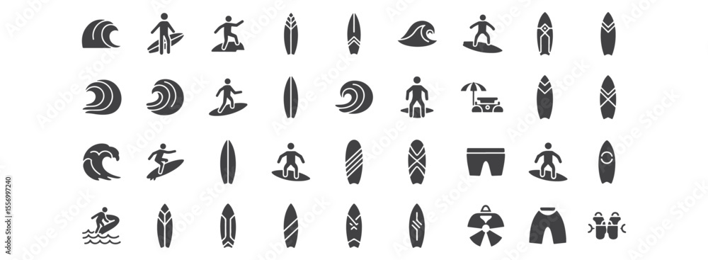 Fototapeta premium Minimal Surfing and Beach Icon Set - Wave, Surfer, Surfboard, and Water Sports Symbols for Summer and Sea