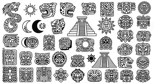 Mayan Symbols Set Ancient Icons Line Art.