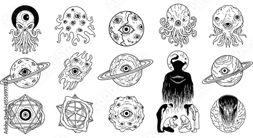 Cosmic Horror Set Creatures with Planets, and Eye.