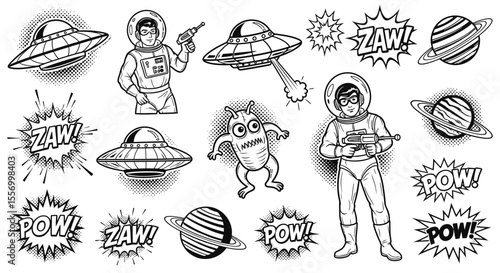 Retro Space Set Alien with Spaceman, and UFO.