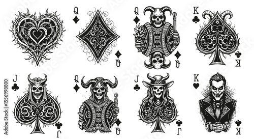 Gothic Playing Cards Blackwork Deck Illustration.