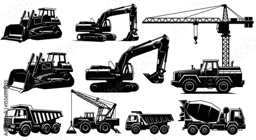 Construction vehicle silhouette vector set.