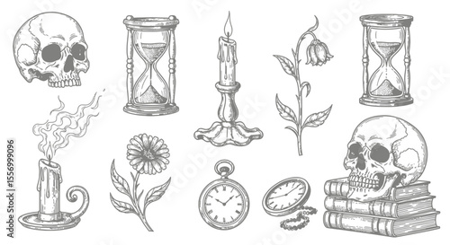 Memento Mori Skull with Hourglass, Candle, and Flowers.