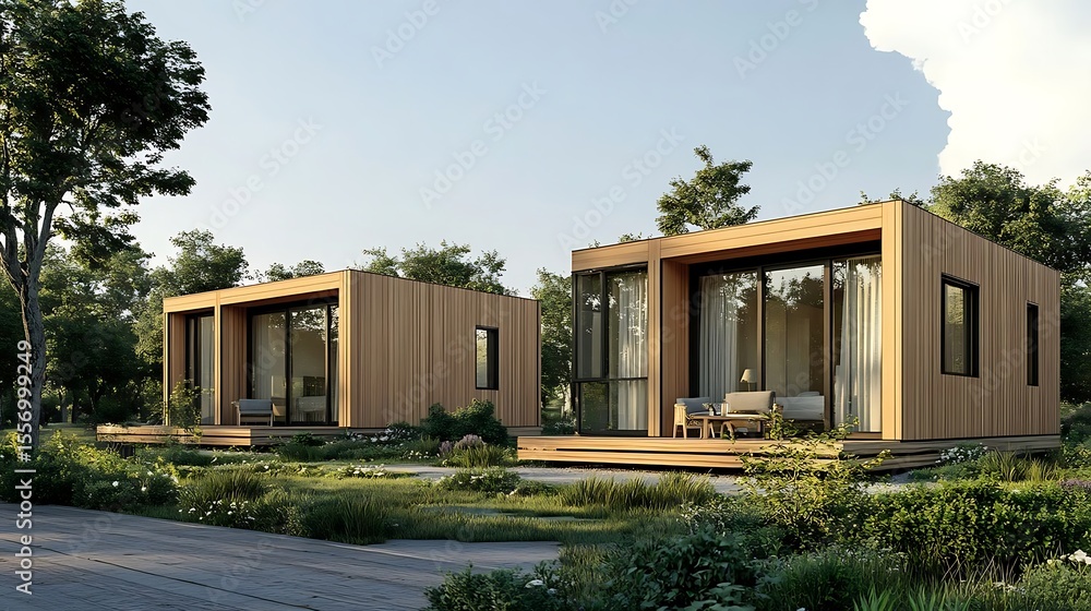 Fototapeta premium Modern cabins with green landscape.