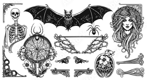 Gothic Halloween Vector Illustration Set.