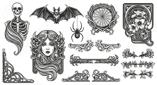 Gothic Art Nouveau elements with skeleton, bat, and spider.