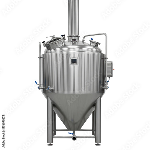 A modern stainless steel conical fermenter, essential equipment for brewing beer or other liquid fermentation processes in industrial settings.