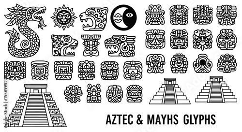 Aztec and Mayan Glyphs Vector Icons Set.