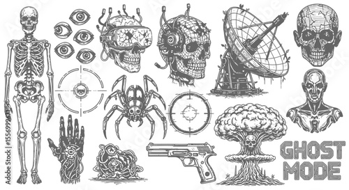 Skulls with Skeletons, Technology, Vector Art, and Set.