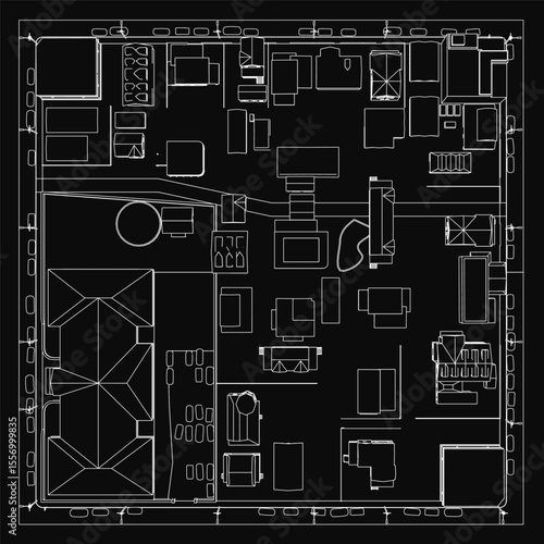 A black and white CAD model of a commercial building with multiple rows of windows, clean architectural lines, and a structured facade. The detailed technical drawing highlights precise measurements,.