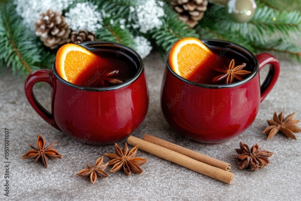 Christmas mulled wine with spices and orange on rustic table. Traditional winter Two cups of or gluhwein Christmas mulled wine with spices and orange on rustic table. Traditional winter Two cups of or gluhwein