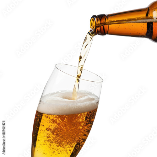 A stream of golden beer flows from a bottle into a tall glass, forming a thick white foam. Perfect for advertising beverages or happy hour.