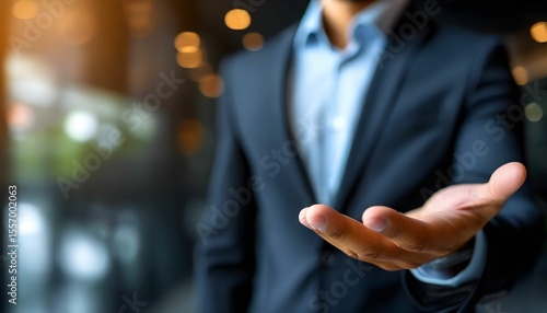 Businessman extending open hand in a gesture of offering or welcoming.
