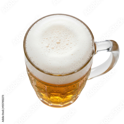 An overhead view of a classic glass beer mug filled with golden lager and a generous, frothy white head, perfect for illustrating drinks, parties, or relaxation.