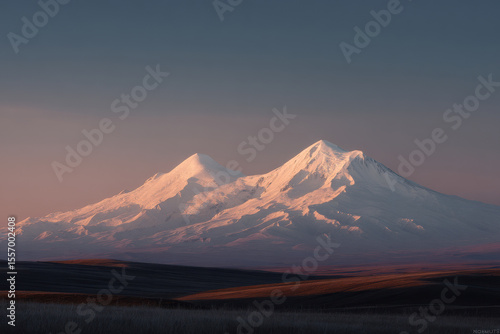 mount elbrus illuminated by evening light under clear sky