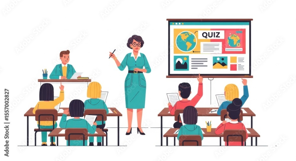 Classroom with Teacher and Students During a Quiz Classroom with Teacher and Students During a Quiz