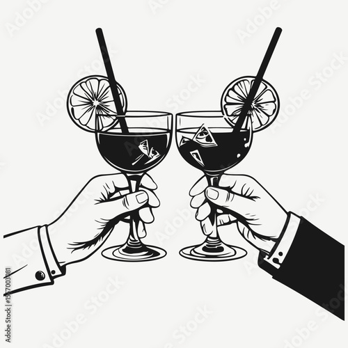 hands with cocktails clinking sketch illustration vector