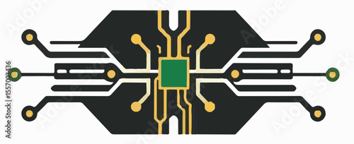 A clean, dark gray and black vector illustration of a circuit board with a central green chip and yellow connectors, symbolizing technology, computing, or electronic design.