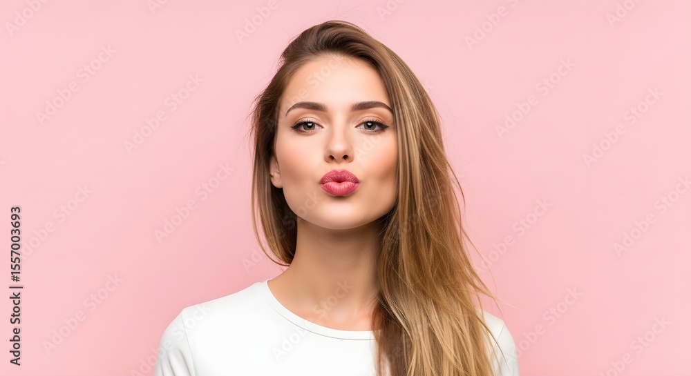 Close-up Portrait of a Woman with a Kissing Face Expression on a Pink Background Close-up Portrait of a Woman with a Kissing Face Expression on a Pink Background