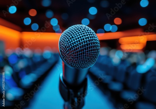 Close-up Image of a Microphone Against a Blurred Audience Background with Vibrant Lighting Effects