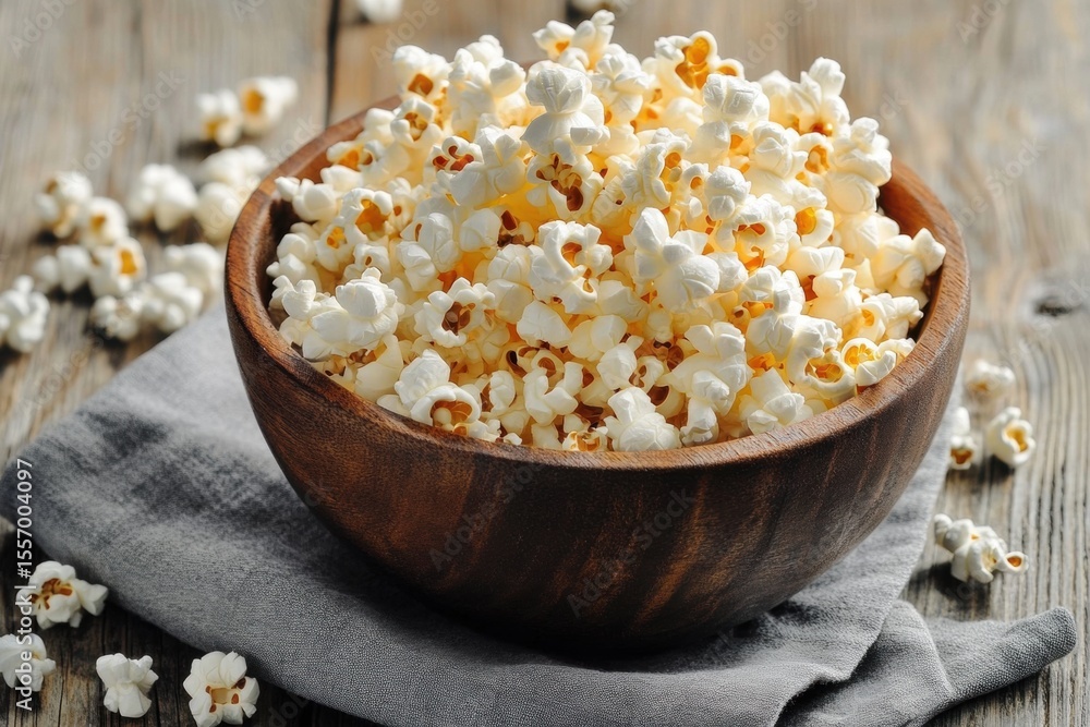 Wooden Bowl of Salted Popcorn on Old Table with Dark Background and A at Wooden Bowl of Salted Popcorn on Old Table with Dark Background and A at