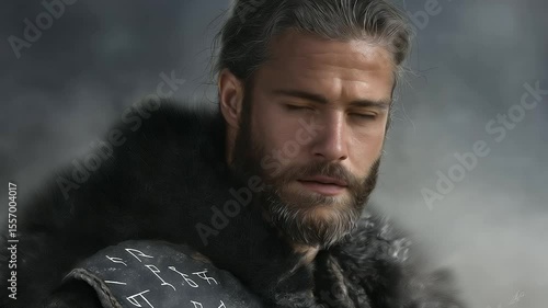 1_Fantasy Viking Portrait with Glowing Runes and Misty Background