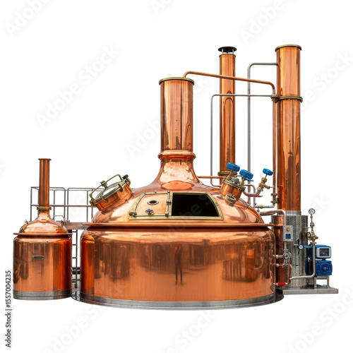 A professional copper brewing system with large vats and pipes, used for crafting beer or distilling spirits in a modern facility.