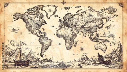 Antique-style world map illustration with detailed continents, oceans, ships, mountains, and decorative borders on a parchment-like background.