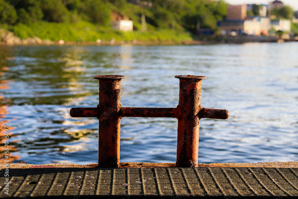 Fototapeta premium Bollard and ropes. Seaside vacation. Yachting. Sea travel.