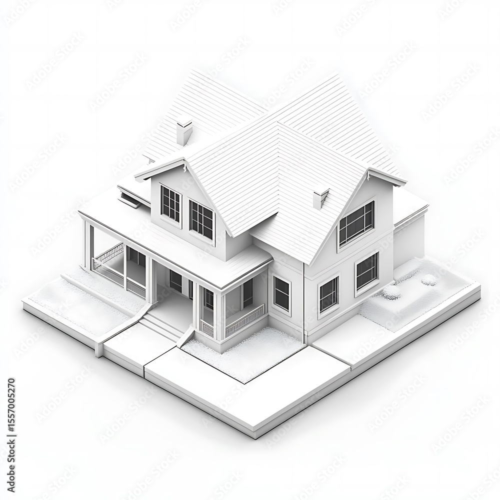 White Isometric Suburban House Model. White Isometric Suburban House Model.