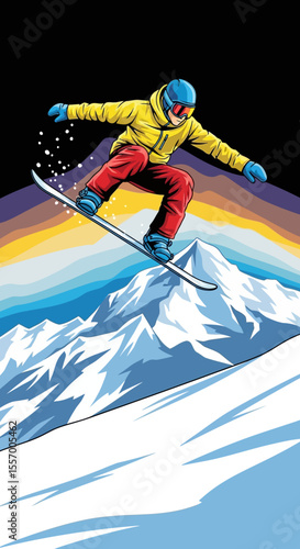 Snowboarder Jumping in Colorful Winter Mountains