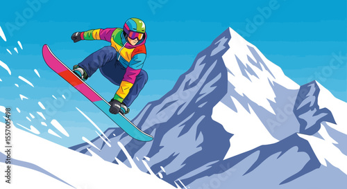 Snowboarder Jumping in Mountain Landscape – Action Sports Vector Illustration