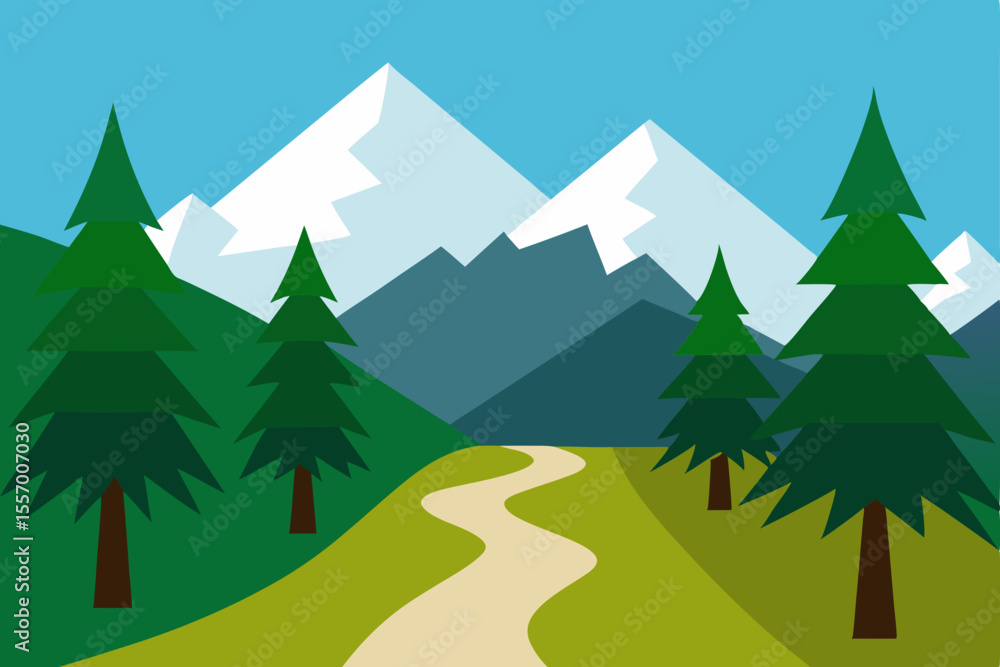 Fototapeta premium Snowy winter forest landscape with pine trees and a winding road, perfect for a holiday greeting card design