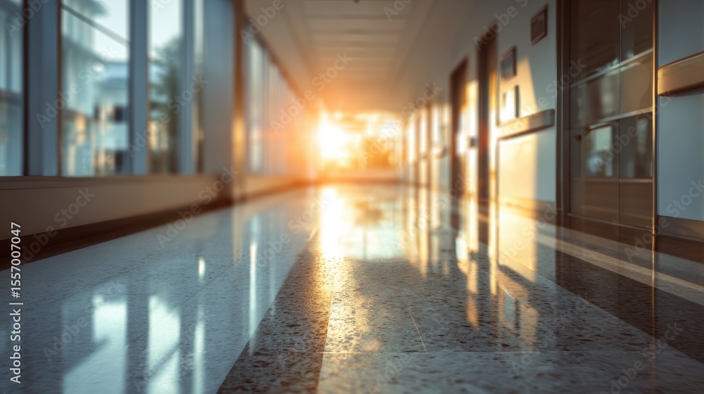 Fototapeta premium A serene corridor illuminated by warm sunlight, featuring polished floors and modern design elements.