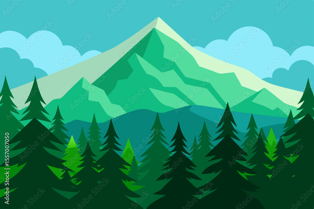 Fototapeta premium Christmas winter mountain landscape vector illustration with snow-covered fir trees