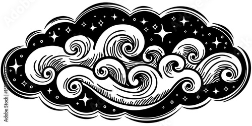 Illustration of a cloud with swirling waves and stars in a black and white color scheme design