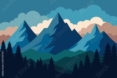 Here's a single, concise sentence to describe that image:

A panoramic mountain landscape unfolds with snow-capped peaks touching the sky, enveloped by morning fog and scattered clouds
