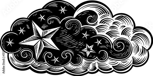 Illustration of a cloud filled with stars and swirls in a black and white woodcut style design element