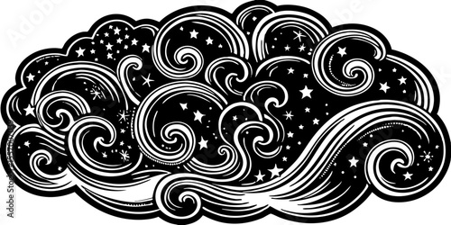 Stylized cloudscape filled with stars and swirls in a black and white graphic illustration style